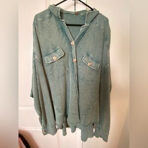Free People Green Waffle Knit Button Front Top